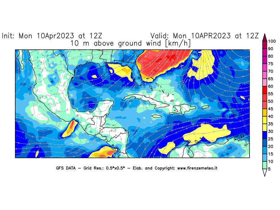 Mappa di analisi GFS - Velocità del vento a 10 metri dal suolo [km/h] in Centro-America
							del 10/04/2023 12 <!--googleoff: index-->UTC<!--googleon: index-->