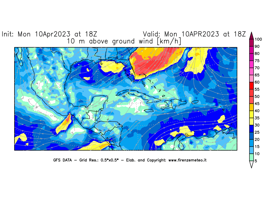 Mappa di analisi GFS - Velocità del vento a 10 metri dal suolo [km/h] in Centro-America
							del 10/04/2023 18 <!--googleoff: index-->UTC<!--googleon: index-->