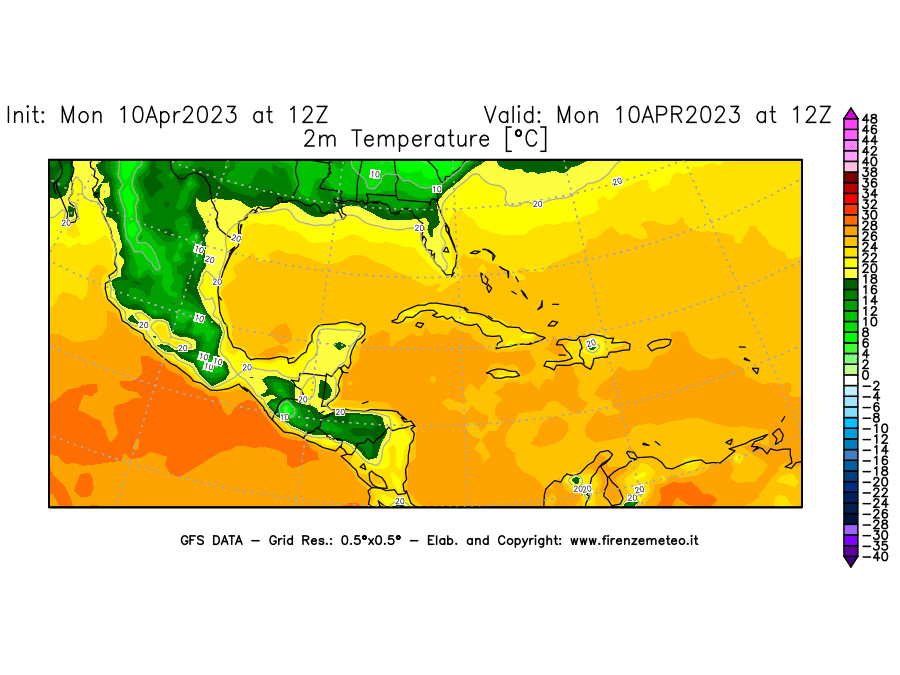 GFS analysi map - Temperature at 2 m above ground [°C] in Central America
									on 10/04/2023 12 <!--googleoff: index-->UTC<!--googleon: index-->