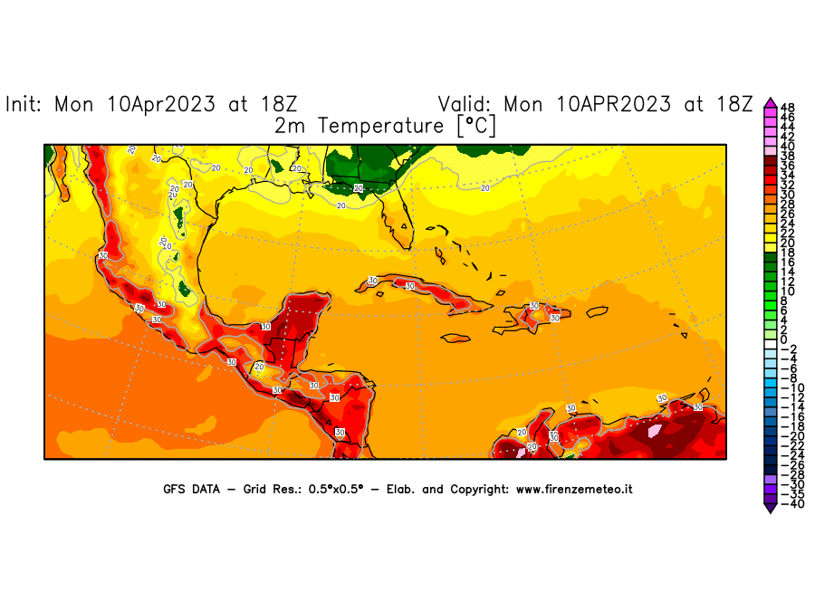Mappa di analisi GFS - Temperatura a 2 metri dal suolo [°C] in Centro-America
							del 10/04/2023 18 <!--googleoff: index-->UTC<!--googleon: index-->