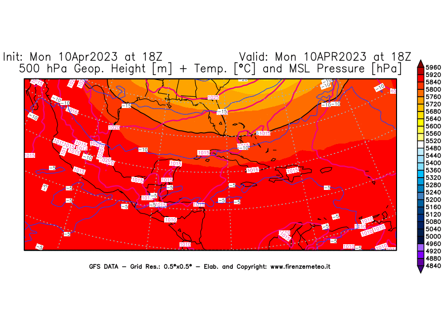 GFS analysi map - Geopotential [m] + Temp. [°C] at 500 hPa + Sea Level Pressure [hPa] in Central America
									on 10/04/2023 18 <!--googleoff: index-->UTC<!--googleon: index-->