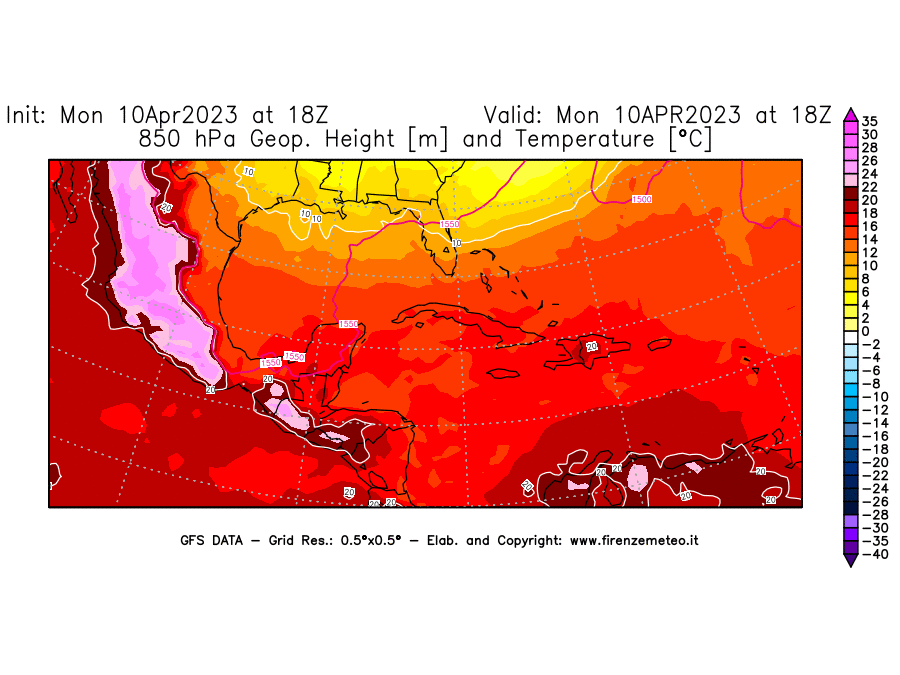 GFS analysi map - Geopotential [m] and Temperature [°C] at 850 hPa in Central America
									on 10/04/2023 18 <!--googleoff: index-->UTC<!--googleon: index-->