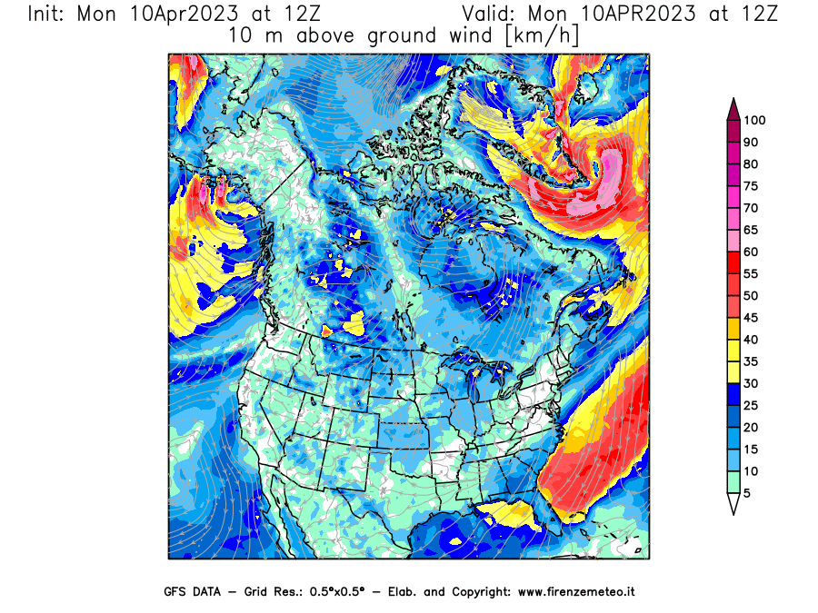 Mappa di analisi GFS - Velocità del vento a 10 metri dal suolo [km/h] in Nord-America
							del 10/04/2023 12 <!--googleoff: index-->UTC<!--googleon: index-->