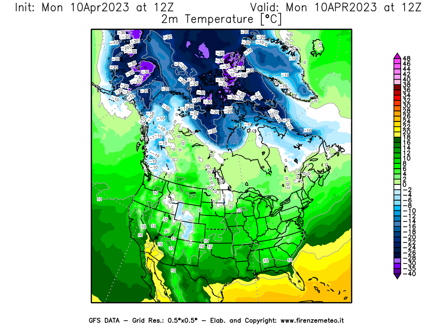 Mappa di analisi GFS - Temperatura a 2 metri dal suolo [°C] in Nord-America
							del 10/04/2023 12 <!--googleoff: index-->UTC<!--googleon: index-->