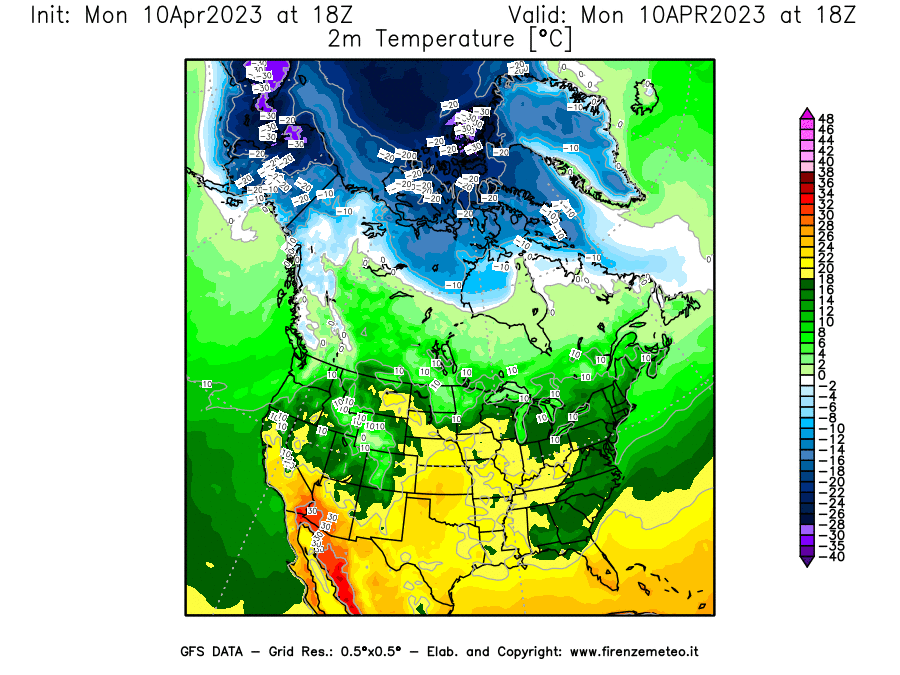 GFS analysi map - Temperature at 2 m above ground [°C] in North America
									on 10/04/2023 18 <!--googleoff: index-->UTC<!--googleon: index-->