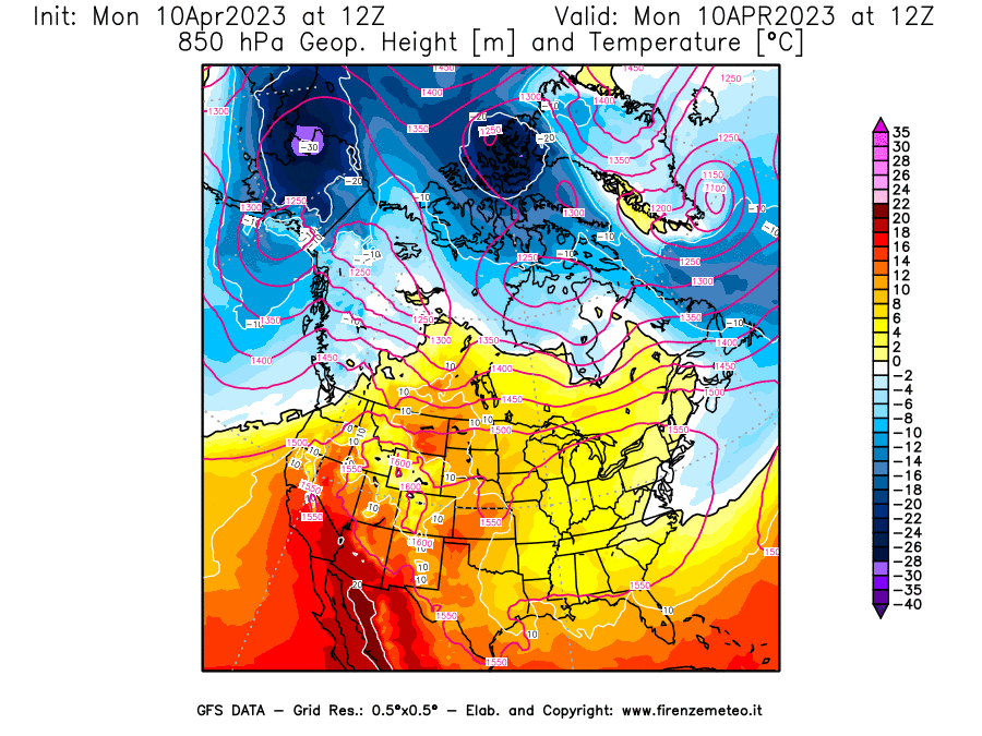 GFS analysi map - Geopotential [m] and Temperature [°C] at 850 hPa in North America
									on 10/04/2023 12 <!--googleoff: index-->UTC<!--googleon: index-->