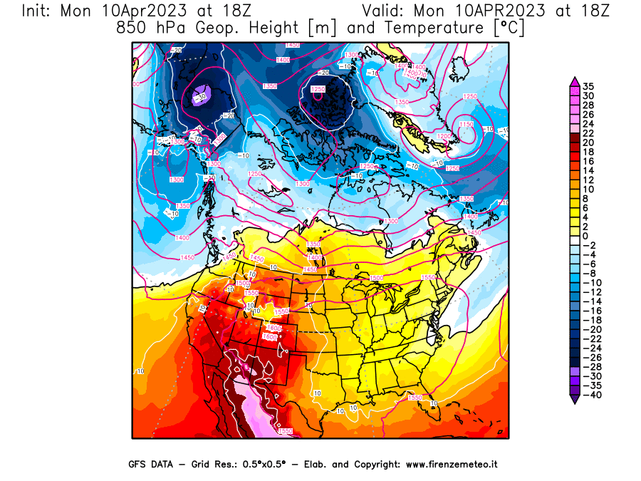GFS analysi map - Geopotential [m] and Temperature [°C] at 850 hPa in North America
									on 10/04/2023 18 <!--googleoff: index-->UTC<!--googleon: index-->