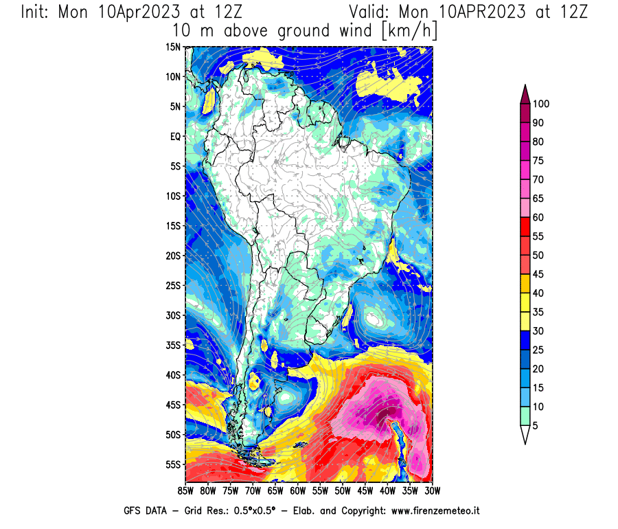 Mappa di analisi GFS - Velocità del vento a 10 metri dal suolo [km/h] in Sud-America
							del 10/04/2023 12 <!--googleoff: index-->UTC<!--googleon: index-->