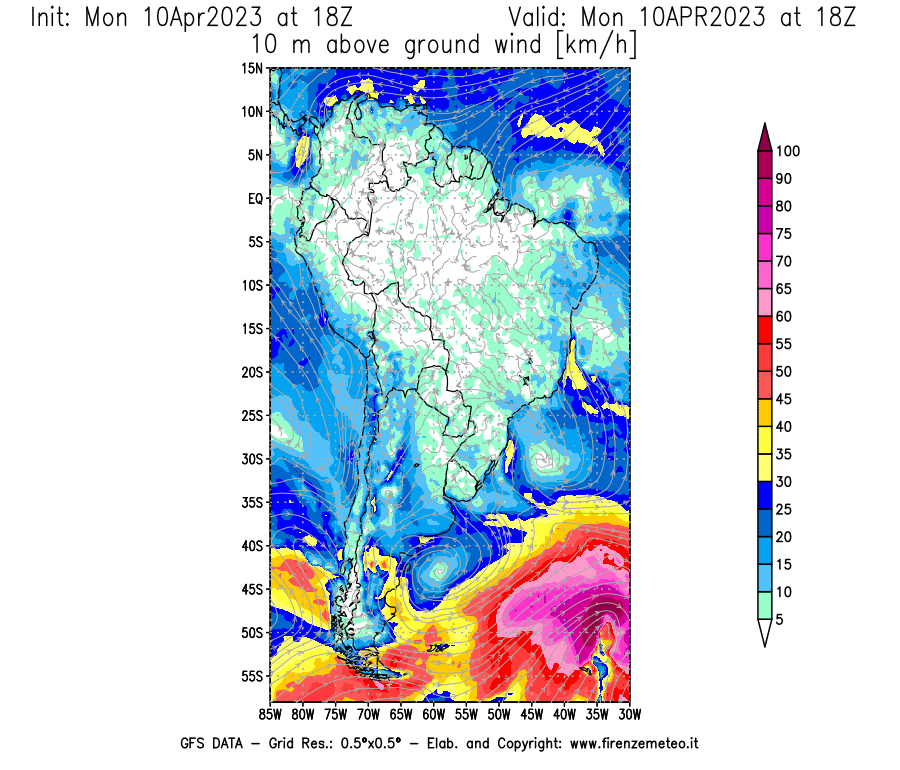 Mappa di analisi GFS - Velocità del vento a 10 metri dal suolo [km/h] in Sud-America
							del 10/04/2023 18 <!--googleoff: index-->UTC<!--googleon: index-->