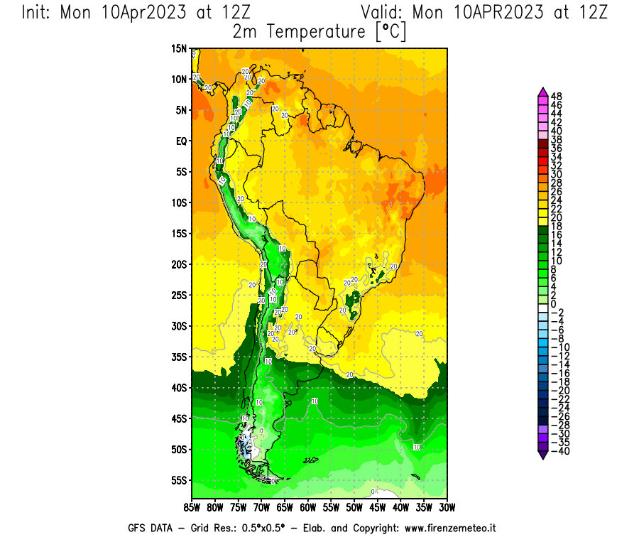 Mappa di analisi GFS - Temperatura a 2 metri dal suolo [°C] in Sud-America
							del 10/04/2023 12 <!--googleoff: index-->UTC<!--googleon: index-->
