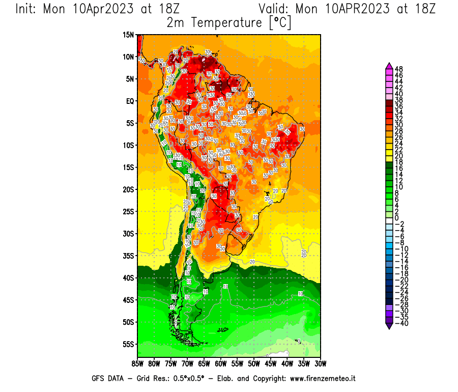 GFS analysi map - Temperature at 2 m above ground [°C] in South America
									on 10/04/2023 18 <!--googleoff: index-->UTC<!--googleon: index-->