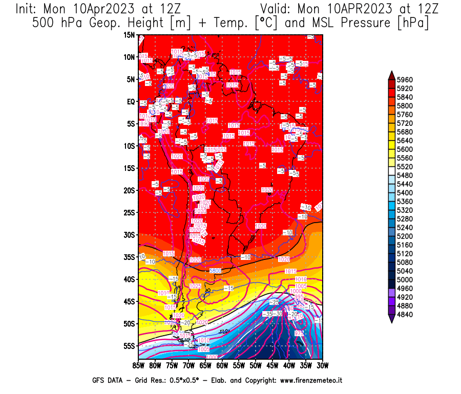 GFS analysi map - Geopotential [m] + Temp. [°C] at 500 hPa + Sea Level Pressure [hPa] in South America
									on 10/04/2023 12 <!--googleoff: index-->UTC<!--googleon: index-->