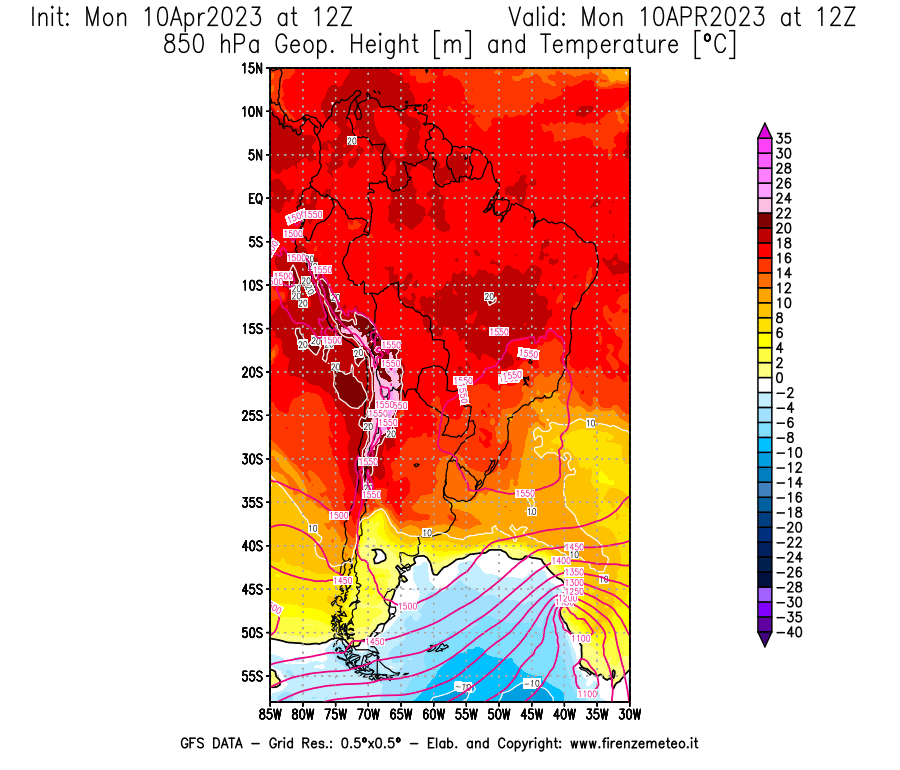 GFS analysi map - Geopotential [m] and Temperature [°C] at 850 hPa in South America
									on 10/04/2023 12 <!--googleoff: index-->UTC<!--googleon: index-->