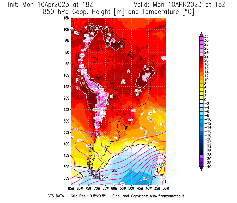 GFS analysi map - Geopotential [m] and Temperature [°C] at 850 hPa in South America
									on 10/04/2023 18 <!--googleoff: index-->UTC<!--googleon: index-->