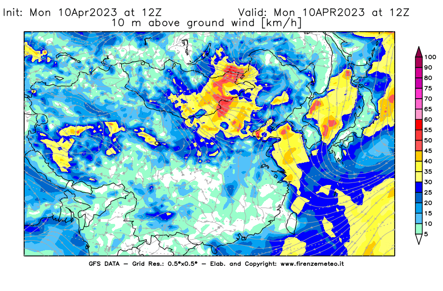 Mappa di analisi GFS - Velocità del vento a 10 metri dal suolo [km/h] in Asia Orientale
							del 10/04/2023 12 <!--googleoff: index-->UTC<!--googleon: index-->
