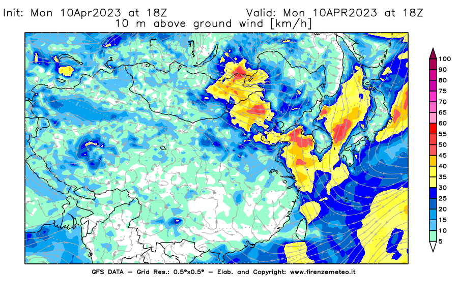 GFS analysi map - Wind Speed at 10 m above ground [km/h] in East Asia
									on 10/04/2023 18 <!--googleoff: index-->UTC<!--googleon: index-->