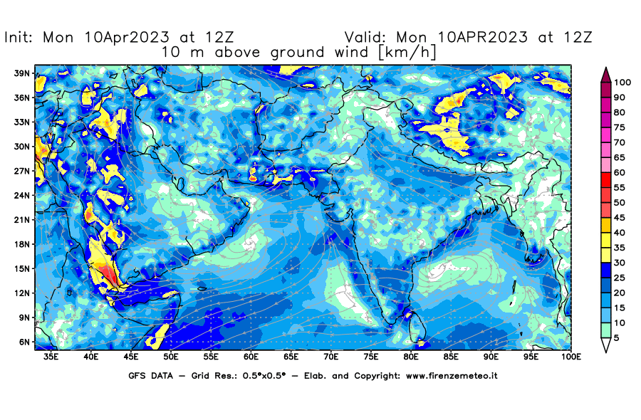 Mappa di analisi GFS - Velocità del vento a 10 metri dal suolo [km/h] in Asia Sud-Occidentale
							del 10/04/2023 12 <!--googleoff: index-->UTC<!--googleon: index-->
