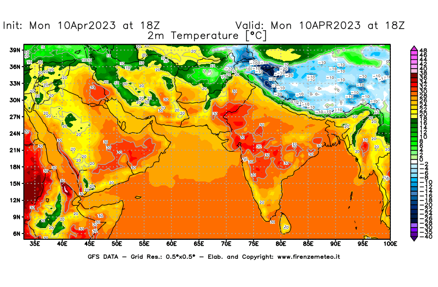 GFS analysi map - Temperature at 2 m above ground [°C] in South West Asia 
									on 10/04/2023 18 <!--googleoff: index-->UTC<!--googleon: index-->