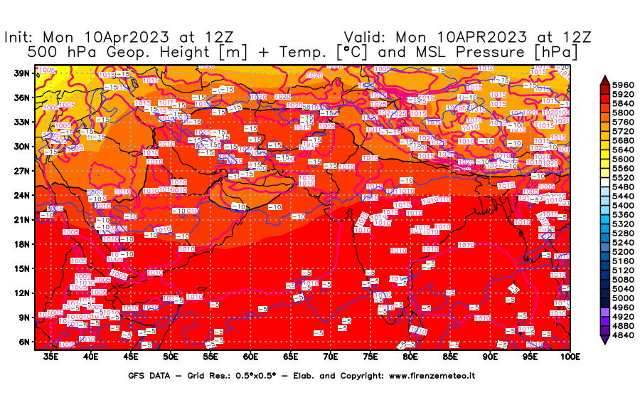 GFS analysi map - Geopotential [m] + Temp. [°C] at 500 hPa + Sea Level Pressure [hPa] in South West Asia 
									on 10/04/2023 12 <!--googleoff: index-->UTC<!--googleon: index-->