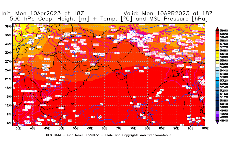 Mappa di analisi GFS - Geopotenziale [m] + Temp. [°C] a 500 hPa + Press. a livello del mare [hPa] in Asia Sud-Occidentale
							del 10/04/2023 18 <!--googleoff: index-->UTC<!--googleon: index-->