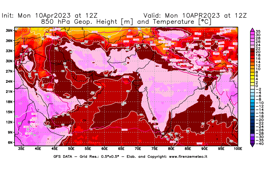 Mappa di analisi GFS - Geopotenziale [m] e Temperatura [°C] a 850 hPa in Asia Sud-Occidentale
							del 10/04/2023 12 <!--googleoff: index-->UTC<!--googleon: index-->