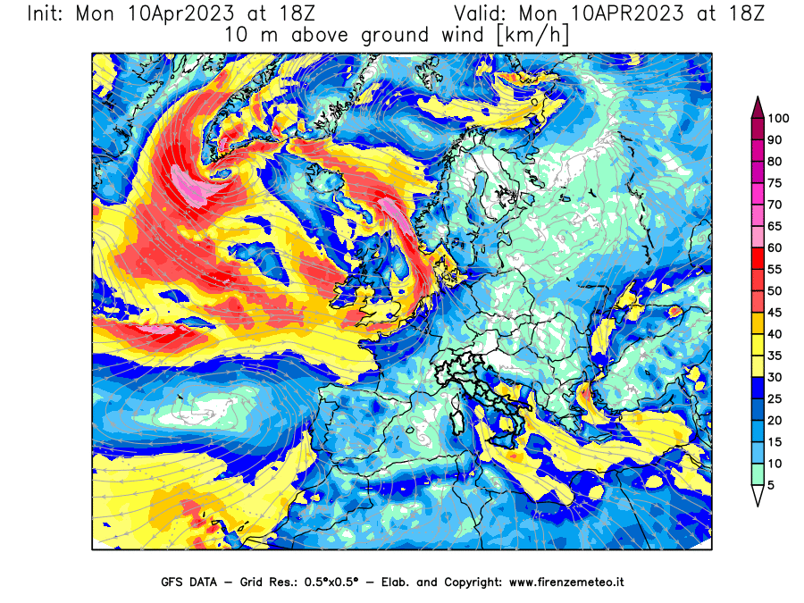 Mappa di analisi GFS - Velocità del vento a 10 metri dal suolo [km/h] in Europa
							del 10/04/2023 18 <!--googleoff: index-->UTC<!--googleon: index-->