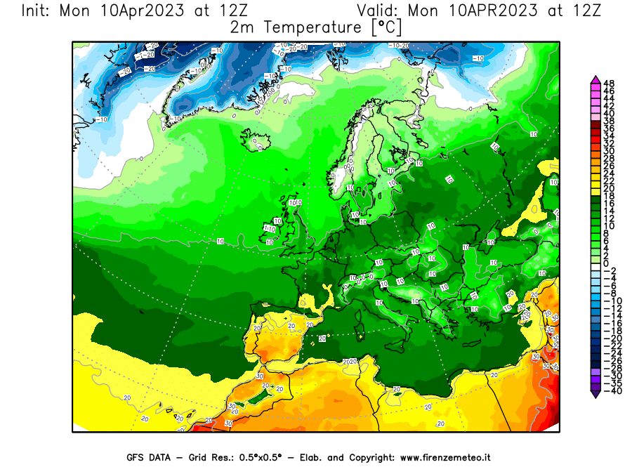 GFS analysi map - Temperature at 2 m above ground [°C] in Europe
									on 10/04/2023 12 <!--googleoff: index-->UTC<!--googleon: index-->