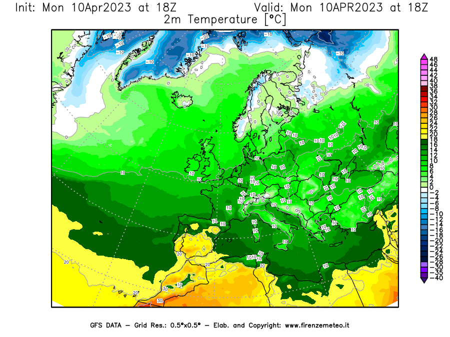 Mappa di analisi GFS - Temperatura a 2 metri dal suolo [°C] in Europa
							del 10/04/2023 18 <!--googleoff: index-->UTC<!--googleon: index-->