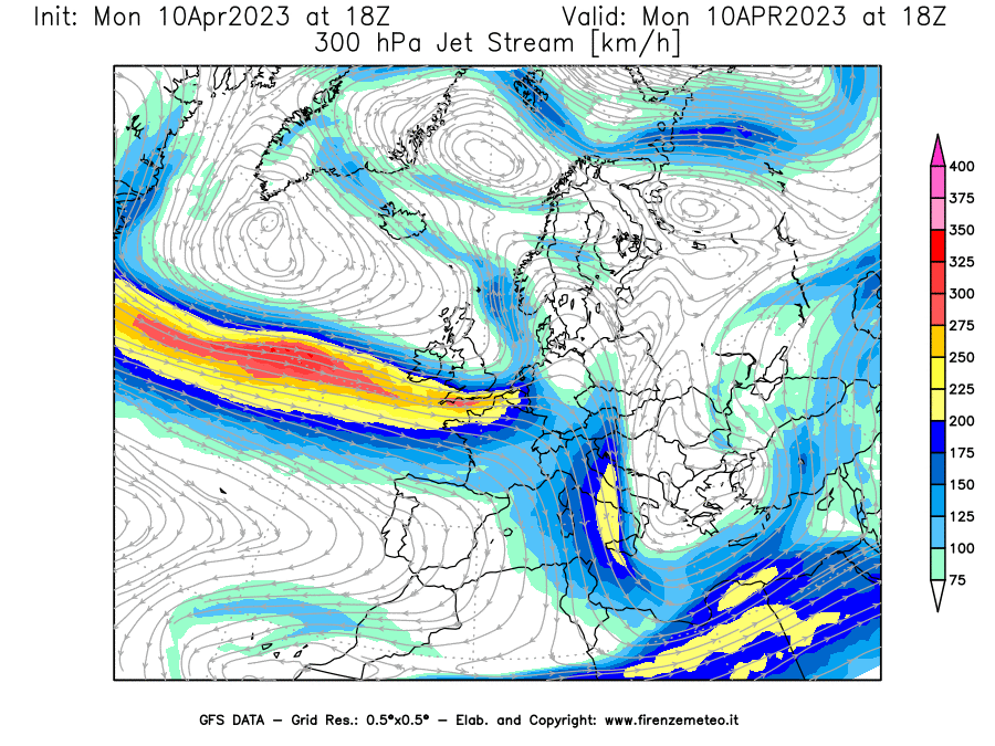 GFS analysi map - Jet Stream at 300 hPa in Europe
									on 10/04/2023 18 <!--googleoff: index-->UTC<!--googleon: index-->