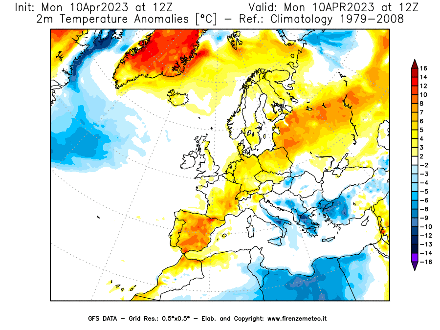 Mappa di analisi GFS - Anomalia Temperatura [°C] a 2 m in Europa
							del 10/04/2023 12 <!--googleoff: index-->UTC<!--googleon: index-->