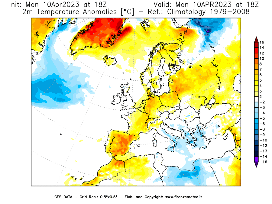 GFS analysi map - Temperature Anomalies [°C] at 2 m in Europe
									on 10/04/2023 18 <!--googleoff: index-->UTC<!--googleon: index-->