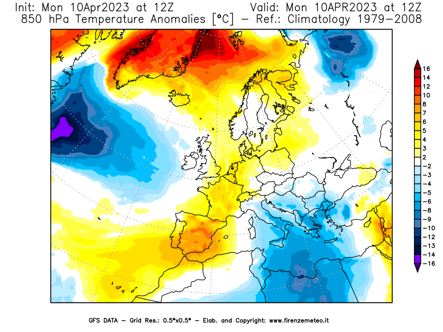 Mappa di analisi GFS - Anomalia Temperatura [°C] a 850 hPa in Europa
							del 10/04/2023 12 <!--googleoff: index-->UTC<!--googleon: index-->