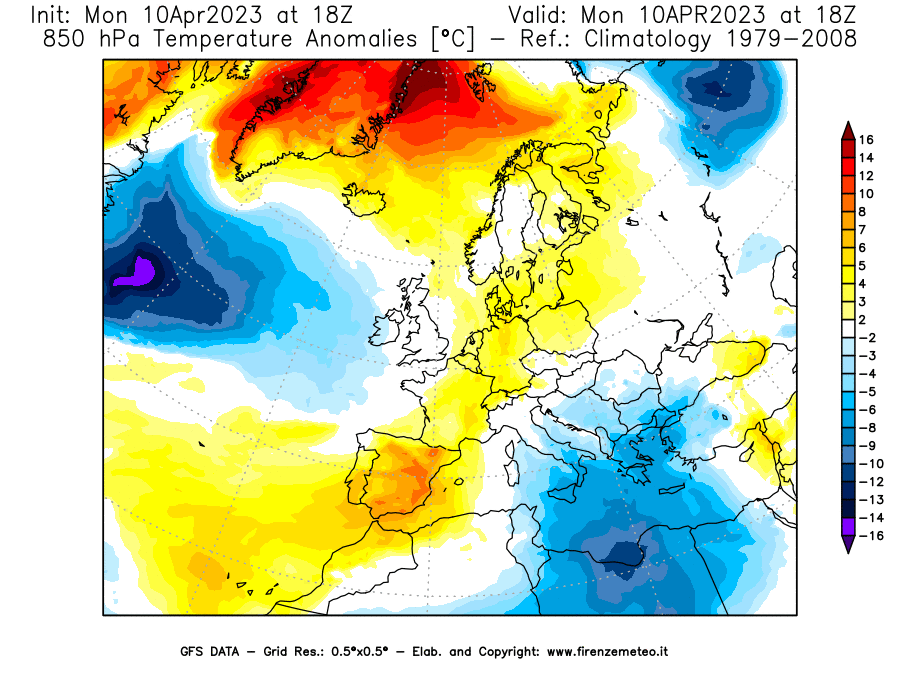 Mappa di analisi GFS - Anomalia Temperatura [°C] a 850 hPa in Europa
							del 10/04/2023 18 <!--googleoff: index-->UTC<!--googleon: index-->