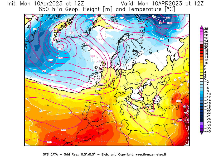 GFS analysi map - Geopotential [m] and Temperature [°C] at 850 hPa in Europe
									on 10/04/2023 12 <!--googleoff: index-->UTC<!--googleon: index-->
