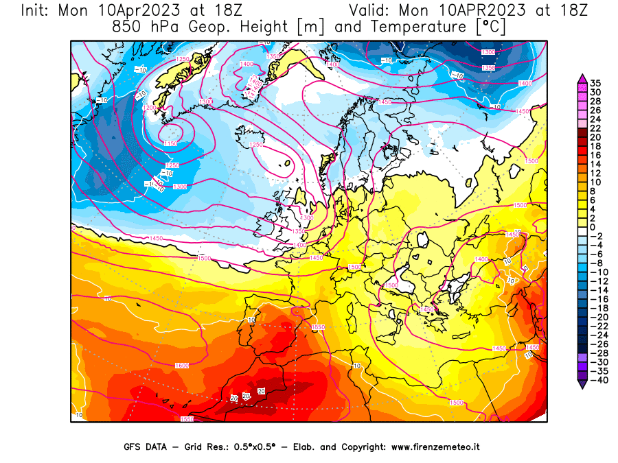 Mappa di analisi GFS - Geopotenziale [m] e Temperatura [°C] a 850 hPa in Europa
							del 10/04/2023 18 <!--googleoff: index-->UTC<!--googleon: index-->