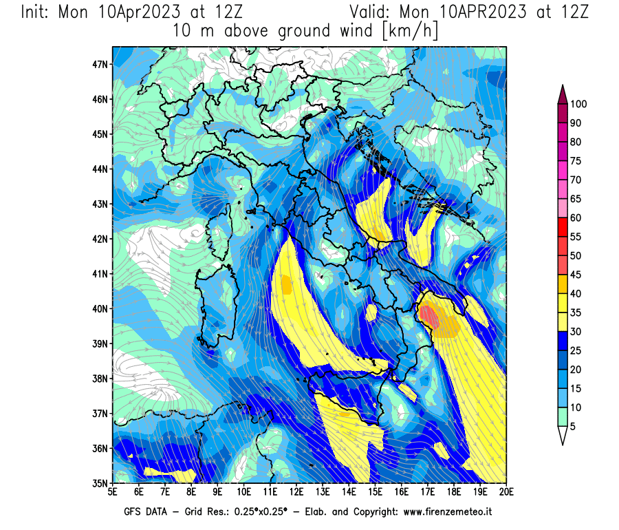 GFS analysi map - Wind Speed at 10 m above ground [km/h] in Italy
									on 10/04/2023 12 <!--googleoff: index-->UTC<!--googleon: index-->