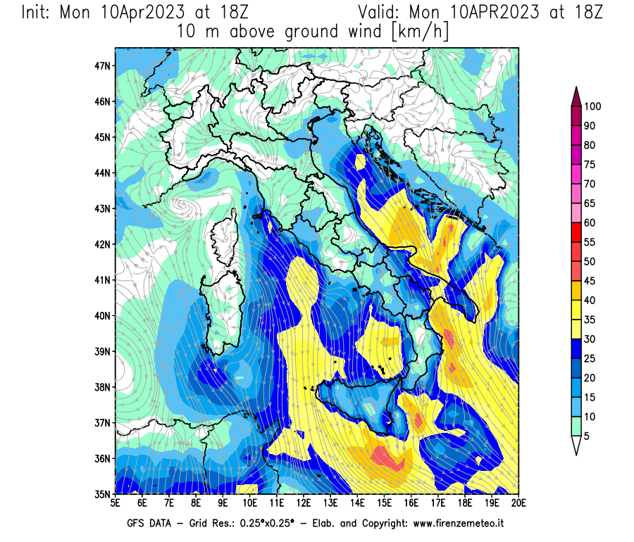 GFS analysi map - Wind Speed at 10 m above ground [km/h] in Italy
									on 10/04/2023 18 <!--googleoff: index-->UTC<!--googleon: index-->