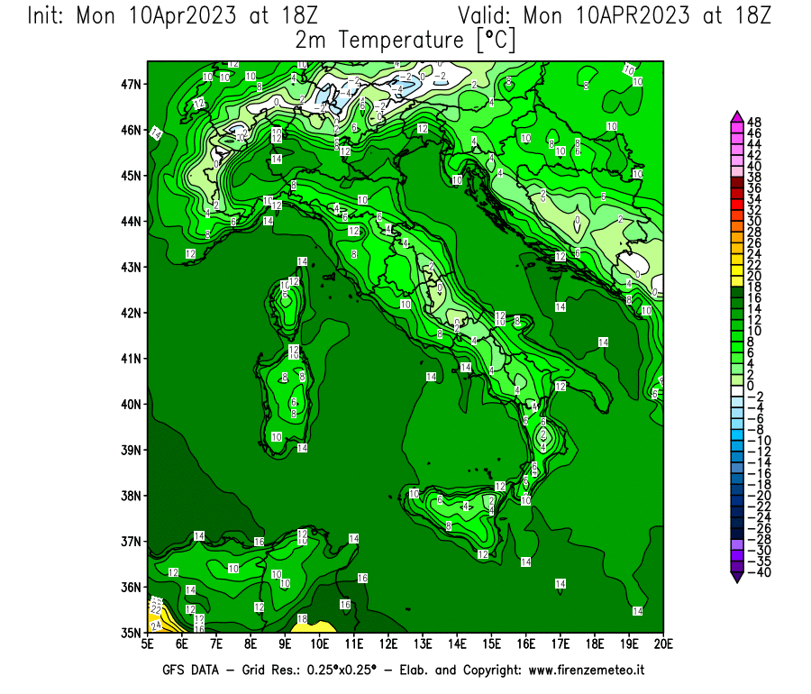 GFS analysi map - Temperature at 2 m above ground [°C] in Italy
									on 10/04/2023 18 <!--googleoff: index-->UTC<!--googleon: index-->