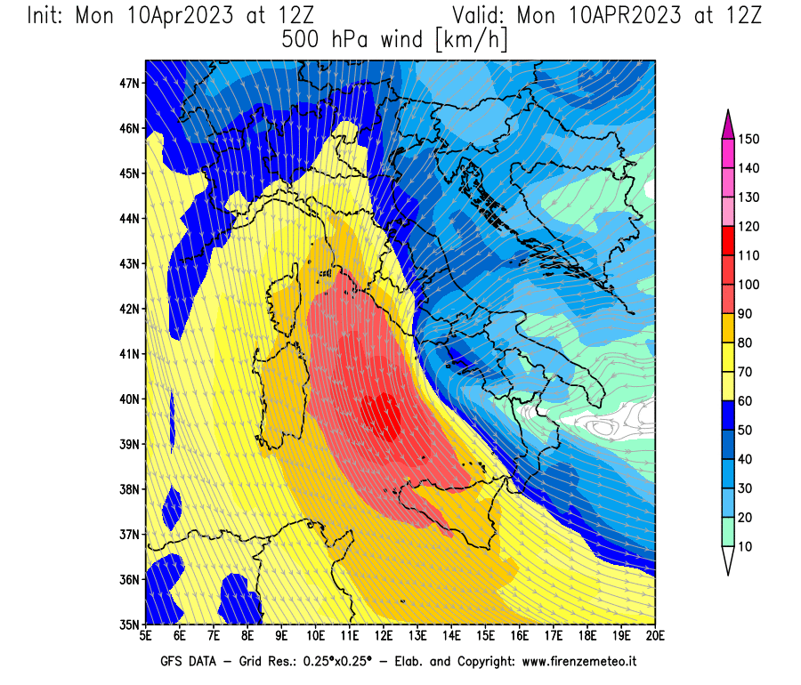 Mappa di analisi GFS - Velocità del vento a 500 hPa [km/h] in Italia
							del 10/04/2023 12 <!--googleoff: index-->UTC<!--googleon: index-->