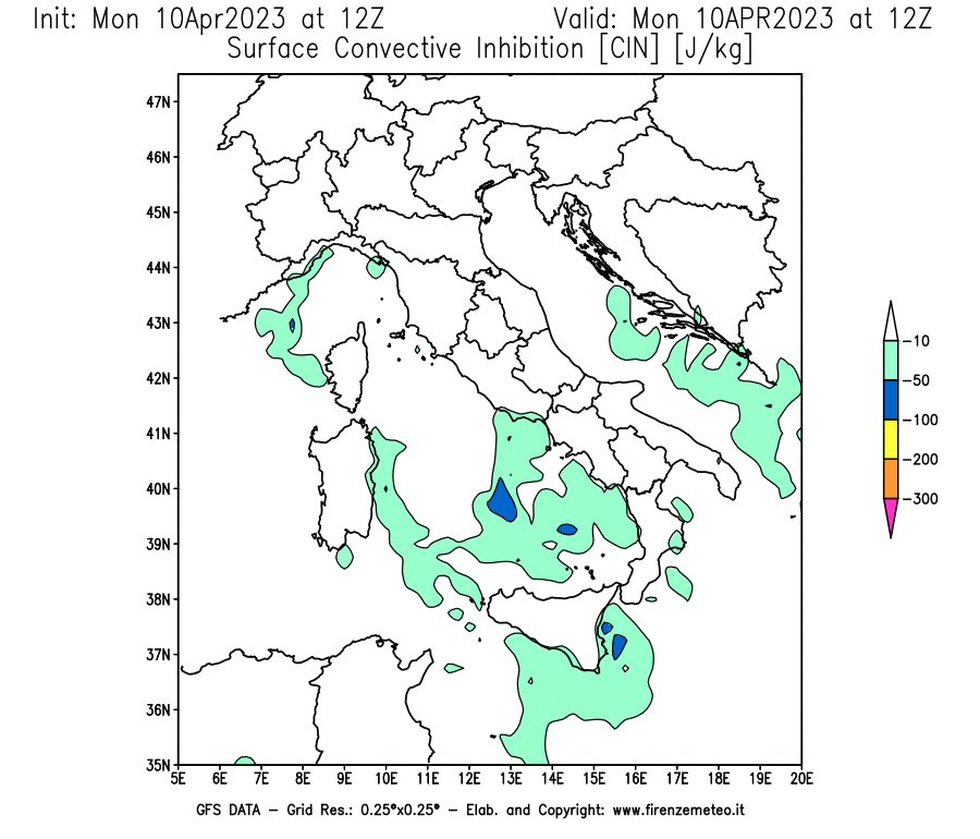 Mappa di analisi GFS - CIN [J/kg] in Italia
							del 10/04/2023 12 <!--googleoff: index-->UTC<!--googleon: index-->