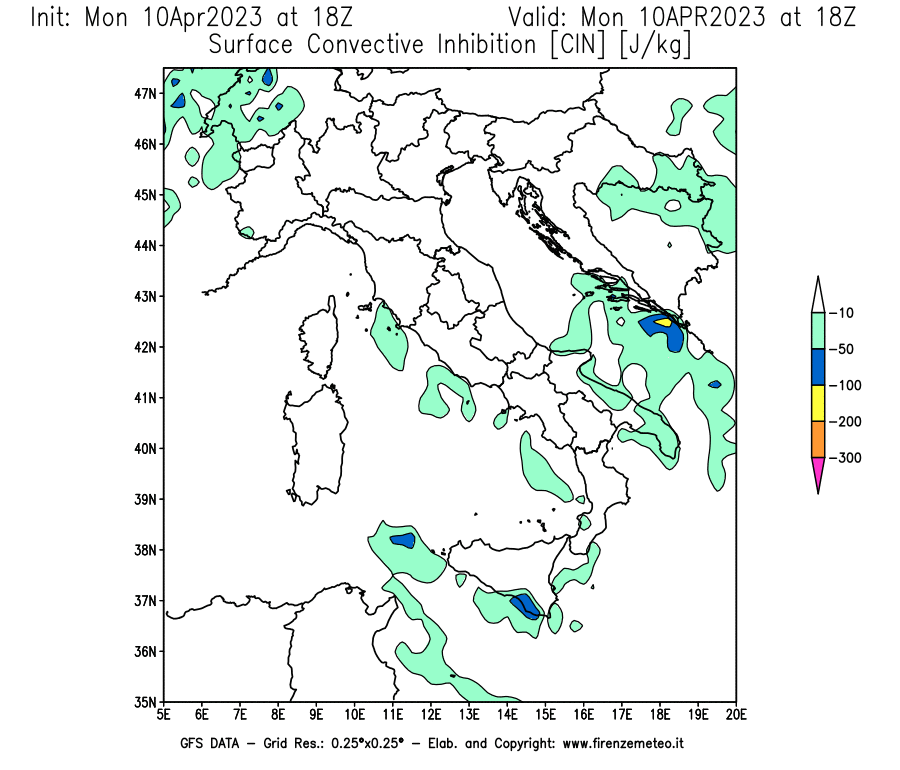 Mappa di analisi GFS - CIN [J/kg] in Italia
							del 10/04/2023 18 <!--googleoff: index-->UTC<!--googleon: index-->