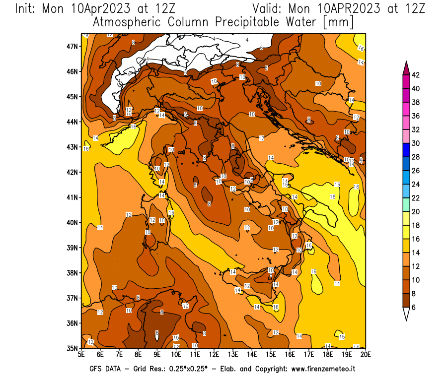 Mappa di analisi GFS - Precipitable Water [mm] in Italia
							del 10/04/2023 12 <!--googleoff: index-->UTC<!--googleon: index-->