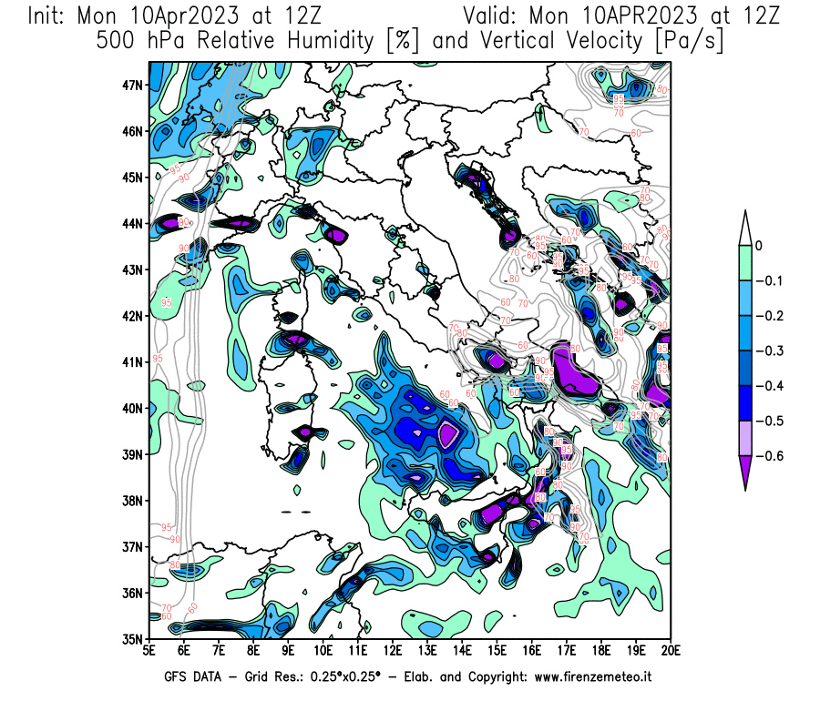 Mappa di analisi GFS - Umidità relativa [%] e Omega [Pa/s] a 500 hPa in Italia
							del 10/04/2023 12 <!--googleoff: index-->UTC<!--googleon: index-->