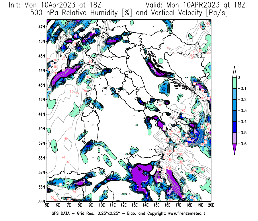 Mappa di analisi GFS - Umidità relativa [%] e Omega [Pa/s] a 500 hPa in Italia
							del 10/04/2023 18 <!--googleoff: index-->UTC<!--googleon: index-->