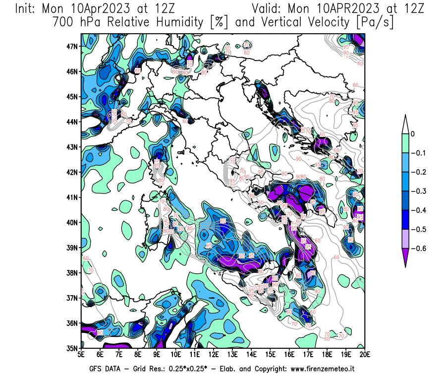 Mappa di analisi GFS - Umidità relativa [%] e Omega [Pa/s] a 700 hPa in Italia
							del 10/04/2023 12 <!--googleoff: index-->UTC<!--googleon: index-->