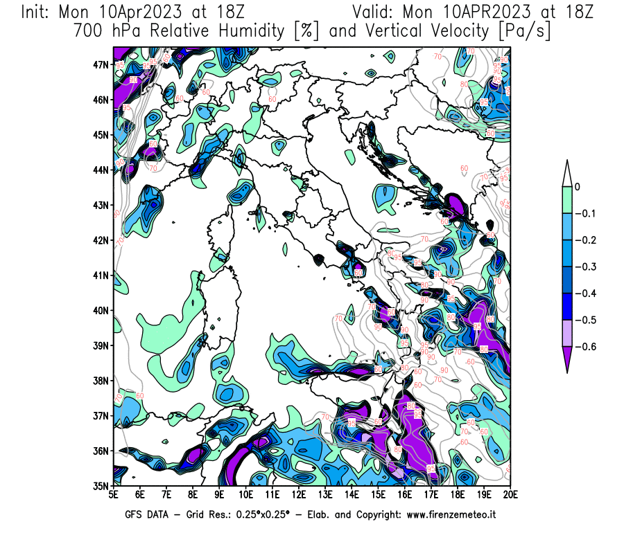 Mappa di analisi GFS - Umidità relativa [%] e Omega [Pa/s] a 700 hPa in Italia
							del 10/04/2023 18 <!--googleoff: index-->UTC<!--googleon: index-->