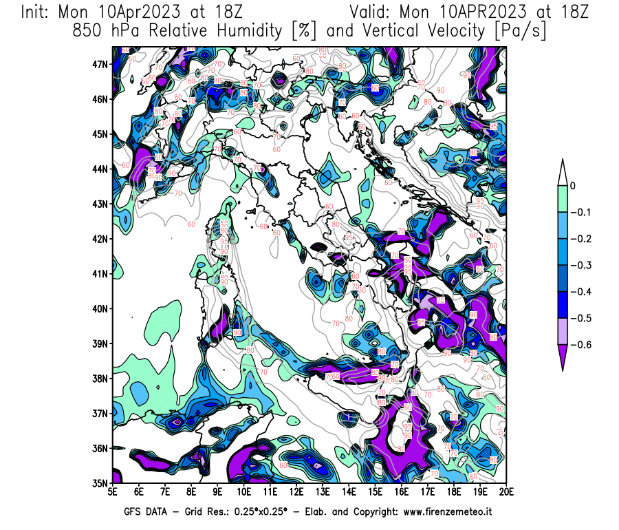 Mappa di analisi GFS - Umidità relativa [%] e Omega [Pa/s] a 850 hPa in Italia
							del 10/04/2023 18 <!--googleoff: index-->UTC<!--googleon: index-->