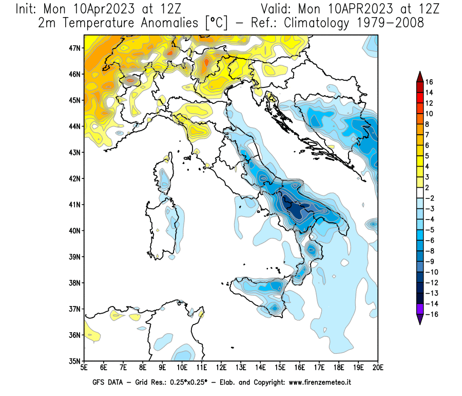 Mappa di analisi GFS - Anomalia Temperatura [°C] a 2 m in Italia
							del 10/04/2023 12 <!--googleoff: index-->UTC<!--googleon: index-->