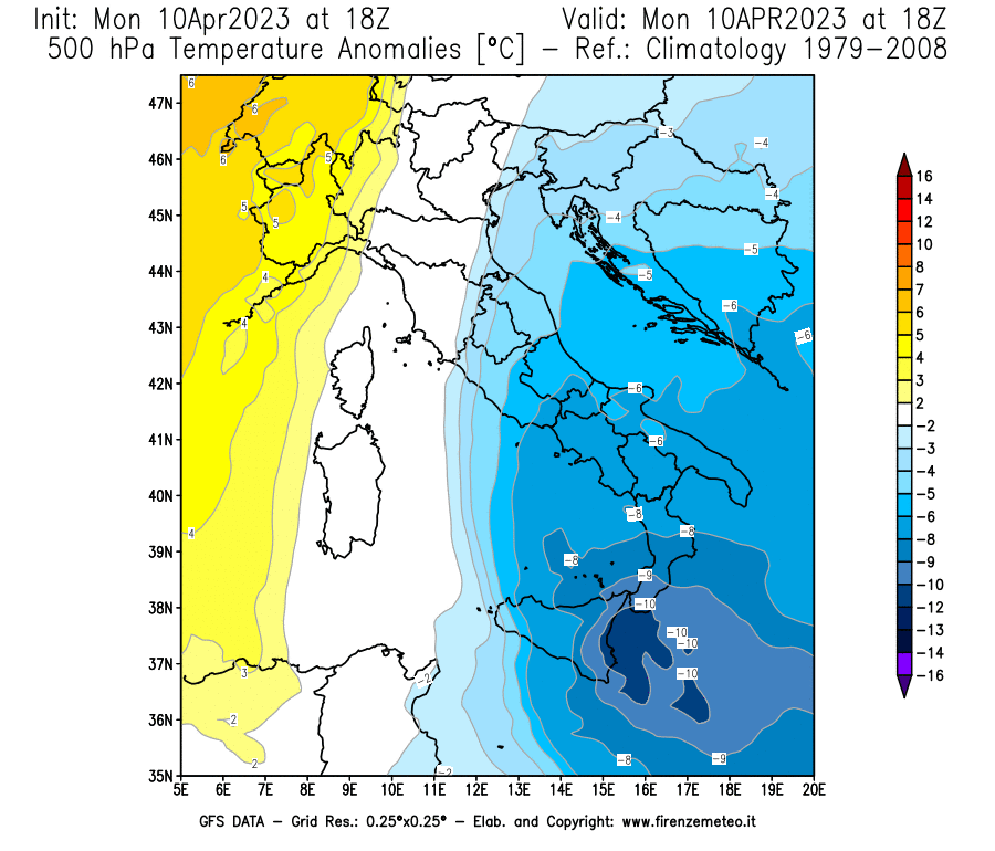 Mappa di analisi GFS - Anomalia Temperatura [°C] a 500 hPa in Italia
							del 10/04/2023 18 <!--googleoff: index-->UTC<!--googleon: index-->