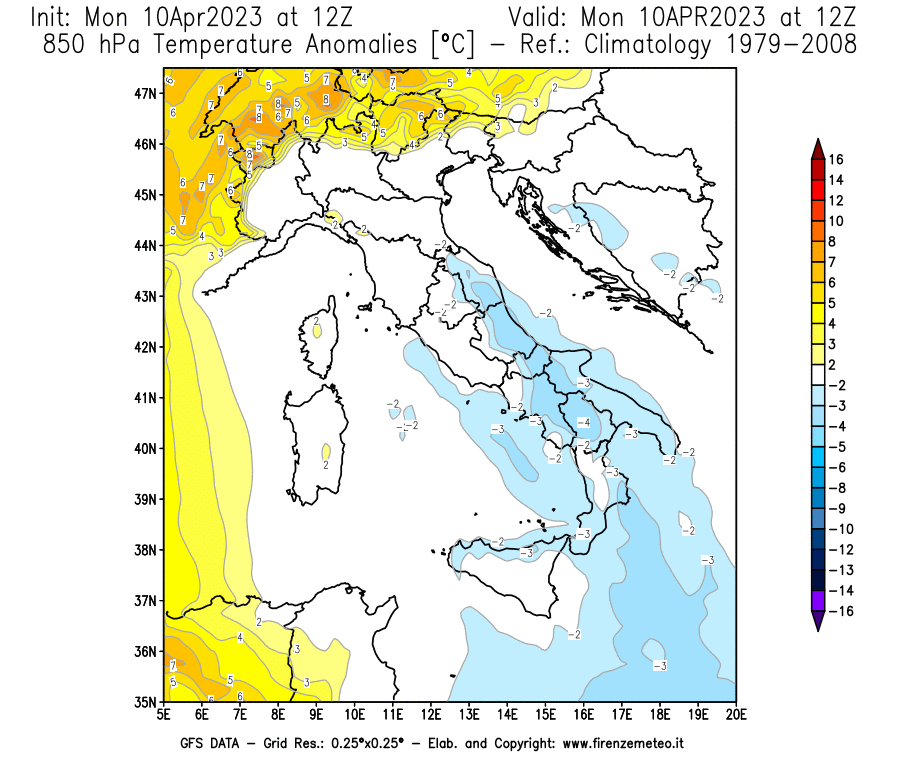Mappa di analisi GFS - Anomalia Temperatura [°C] a 850 hPa in Italia
							del 10/04/2023 12 <!--googleoff: index-->UTC<!--googleon: index-->